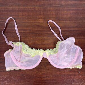 Victoria's Secret Tease Unlined Demi Bra 34C Pink with Yellow Lace NWT